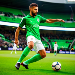A professional male football striker, fully clothed in a modest team jersey and shorts, executing a powerful, dynamic shot on goal. The player is on a vibrant green football pitch within a modern stadium, with a blurred crowd in the background. The pose is natural and athletic, showcasing perfect anatomy and correct proportions. Well-formed hands are visible. The image is a professional sports photograph, captured in high quality with natural, action-oriented lighting. Safe for work, appropriate content, family-friendly.