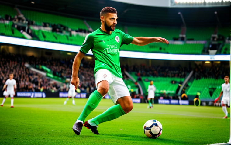 A professional male football striker, fully clothed in a modest team jersey and shorts, executing a powerful, dynamic shot on goal. The player is on a vibrant green football pitch within a modern stadium, with a blurred crowd in the background. The pose is natural and athletic, showcasing perfect anatomy and correct proportions. Well-formed hands are visible. The image is a professional sports photograph, captured in high quality with natural, action-oriented lighting. Safe for work, appropriate content, family-friendly.