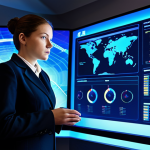 A focused professional data analyst, fully clothed in a modest business suit, stands in a high-tech e-sports analysis room. She is looking intently at a large, transparent holographic display that projects intricate FC Online game statistics, including player heatmaps, detailed passing routes, and real-time performance metrics. The room is sleek with ambient blue lighting, emphasizing advanced technology. perfect anatomy, correct proportions, natural pose, well-formed hands, proper finger count, natural body proportions, professional photography, high quality, safe for work, appropriate content, fully clothed, professional.