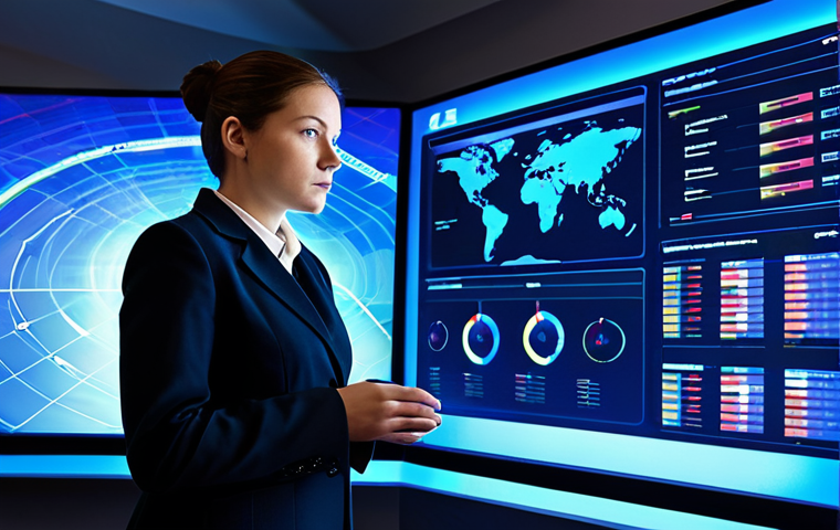 A focused professional data analyst, fully clothed in a modest business suit, stands in a high-tech e-sports analysis room. She is looking intently at a large, transparent holographic display that projects intricate FC Online game statistics, including player heatmaps, detailed passing routes, and real-time performance metrics. The room is sleek with ambient blue lighting, emphasizing advanced technology. perfect anatomy, correct proportions, natural pose, well-formed hands, proper finger count, natural body proportions, professional photography, high quality, safe for work, appropriate content, fully clothed, professional.