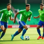 FC온라인 팀플레이 전략 - **Dynamic Football Team Play:** A medium shot of three male football (soccer) players in full, moder...