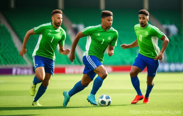 FC온라인 팀플레이 전략 - **Dynamic Football Team Play:** A medium shot of three male football (soccer) players in full, moder...