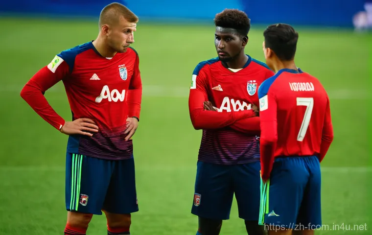 FC온라인 팀플레이 전략 - **Dynamic Football Team Play:** A medium shot of three male football (soccer) players in full, moder...