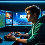 FC온라인 계급별 혜택 - A dynamic scene of a young male gamer (18-25 years old) sitting intensely in front of a high-resolut...