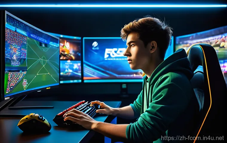 FC온라인 계급별 혜택 - A dynamic scene of a young male gamer (18-25 years old) sitting intensely in front of a high-resolut...